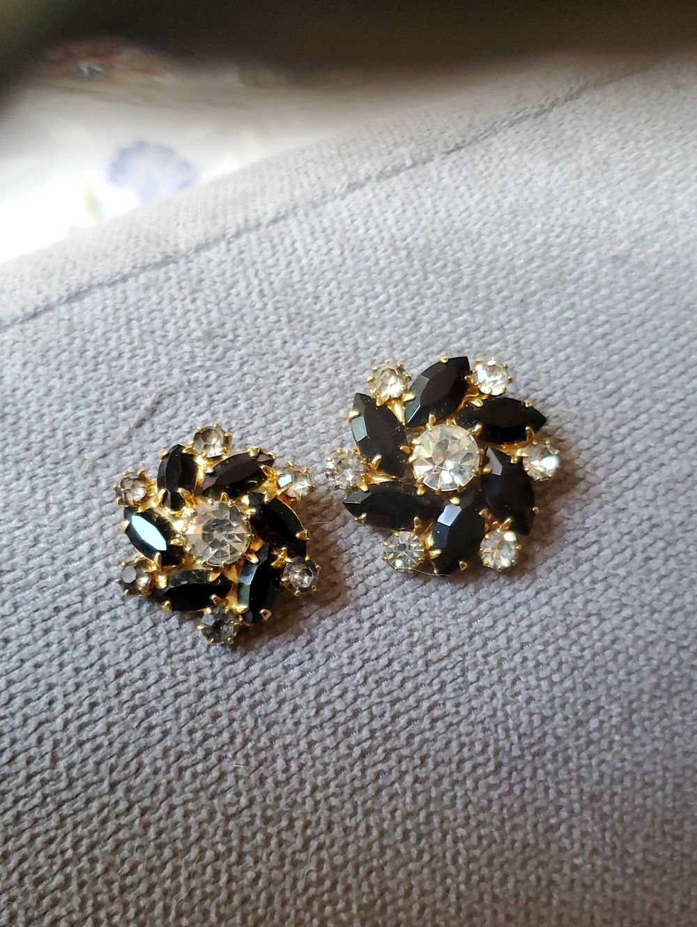 Gold-Plated Black and Clear Crystal Floral Stud Earrings